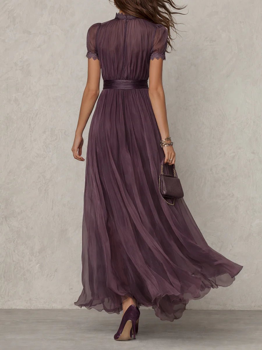 Ada │ Women's Keyhole Neck Puff Sleeve Chiffon Maxi Dress