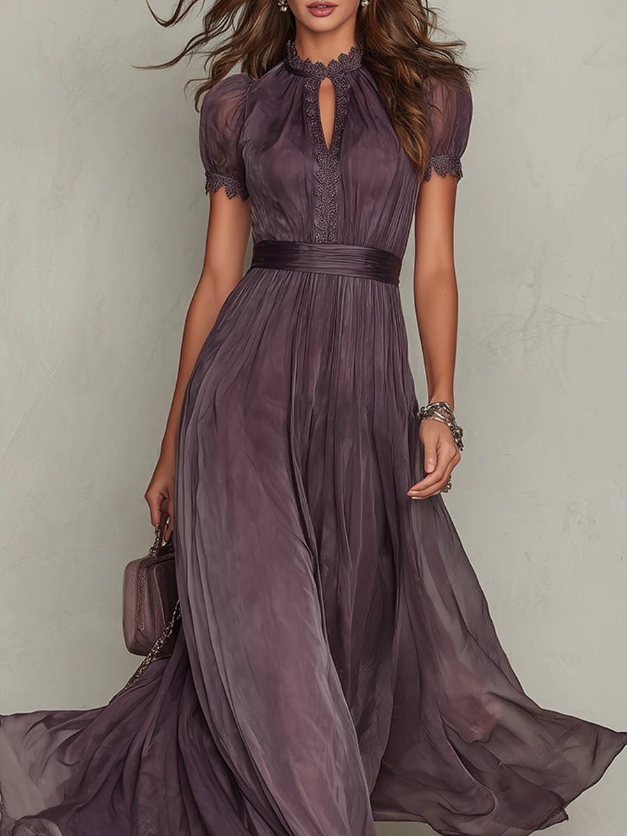 Ada │ Women's Keyhole Neck Puff Sleeve Chiffon Maxi Dress