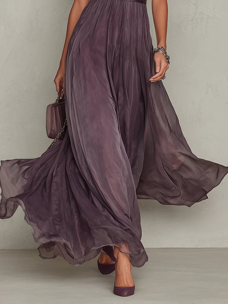 Ada │ Women's Keyhole Neck Puff Sleeve Chiffon Maxi Dress
