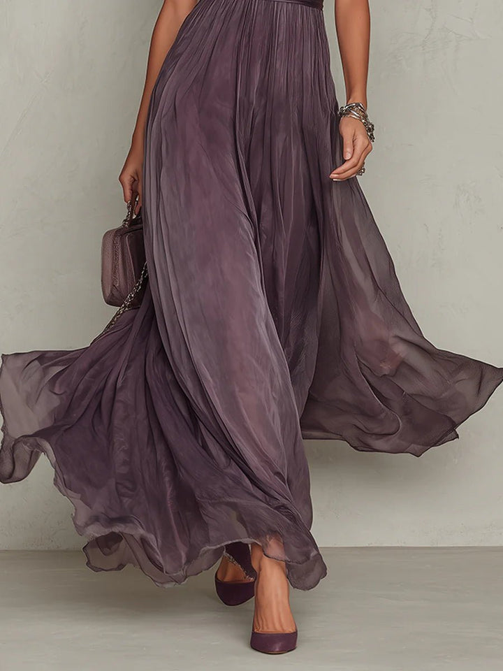 Ada │ Women's Keyhole Neck Puff Sleeve Chiffon Maxi Dress