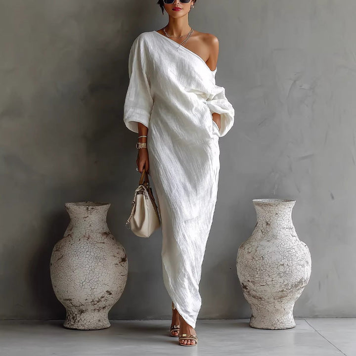 Penelope │ Women's Linen Blend Off Shoulder Lantern Sleeve Maxi Dress