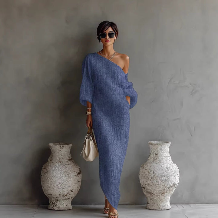 Penelope │ Women's Linen Blend Off Shoulder Lantern Sleeve Maxi Dress