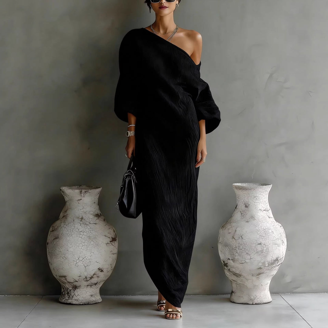 Penelope │ Women's Linen Blend Off Shoulder Lantern Sleeve Maxi Dress