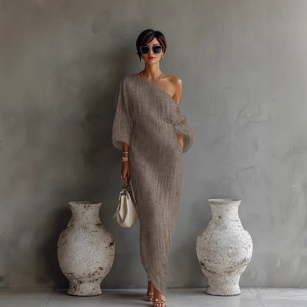 Penelope │ Women's Linen Blend Off Shoulder Lantern Sleeve Maxi Dress