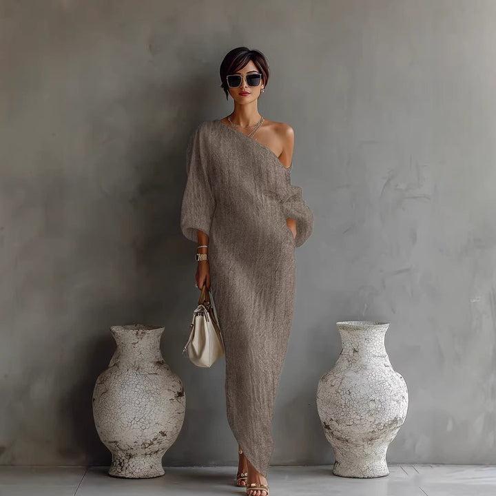 Penelope │ Women's Linen Blend Off Shoulder Lantern Sleeve Maxi Dress