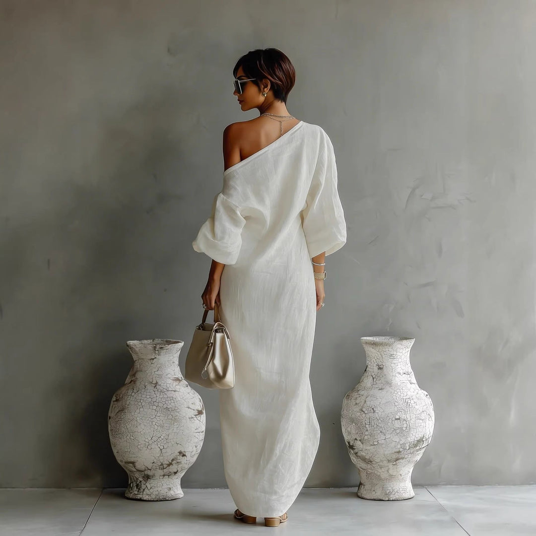 Penelope │ Women's Linen Blend Off Shoulder Lantern Sleeve Maxi Dress