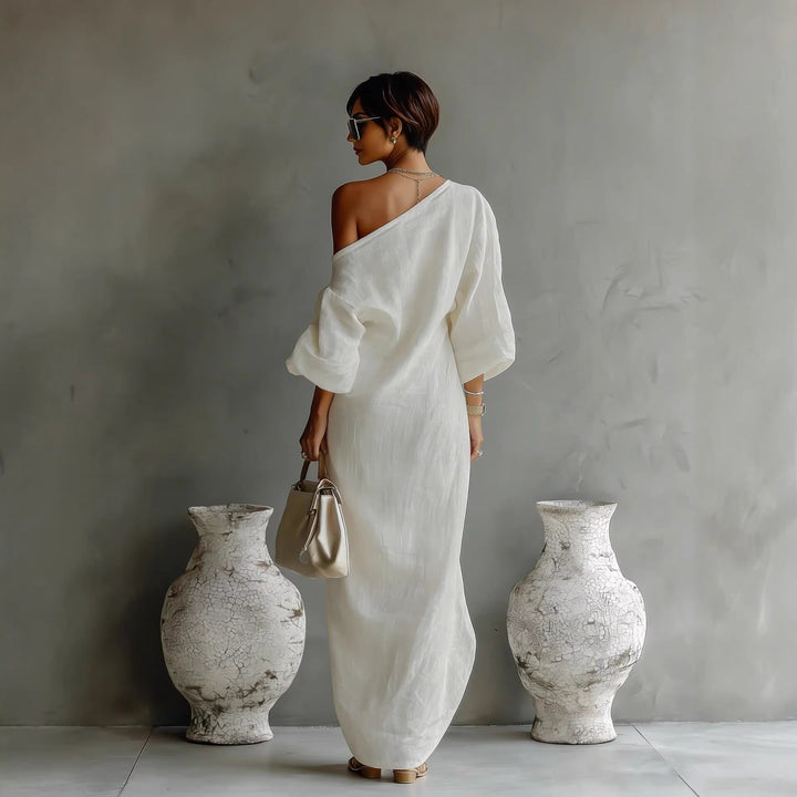Penelope │ Women's Linen Blend Off Shoulder Lantern Sleeve Maxi Dress