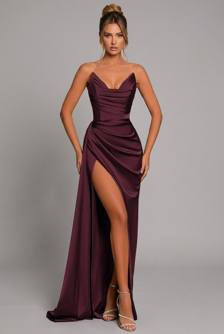 Ruth │ Women's Strapless Sweetheart Neck Ruched Satin Maxi Dress With High Slit