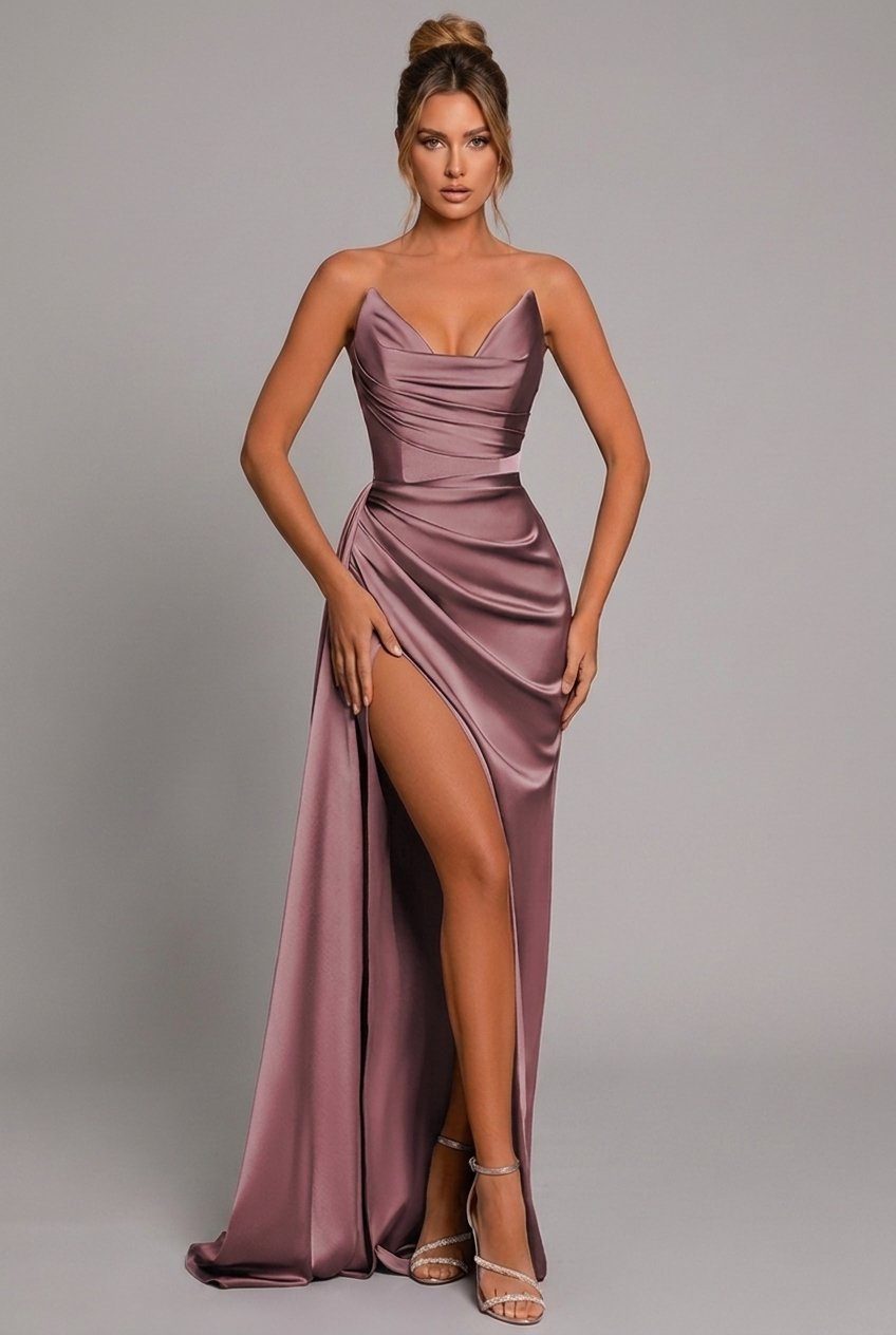 Ruth │ Women's Strapless Sweetheart Neck Ruched Satin Maxi Dress With High Slit