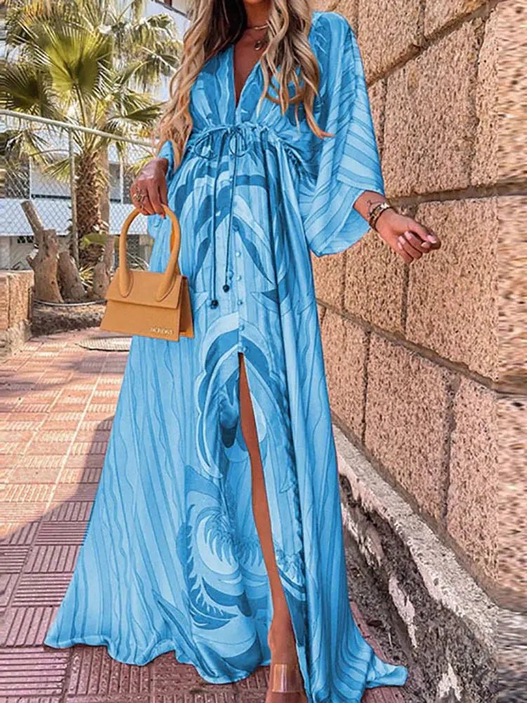 Sarah │ Women's Abstract Print V-Neck Kimono Sleeve Maxi Dress For Summer