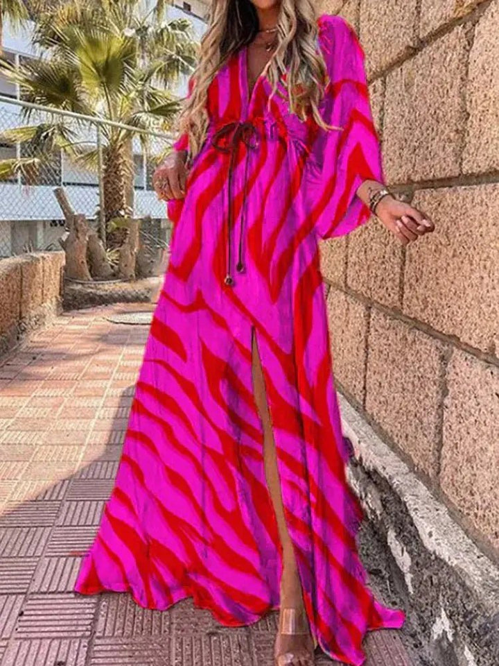 Sarah │ Women's Abstract Print V-Neck Kimono Sleeve Maxi Dress For Summer