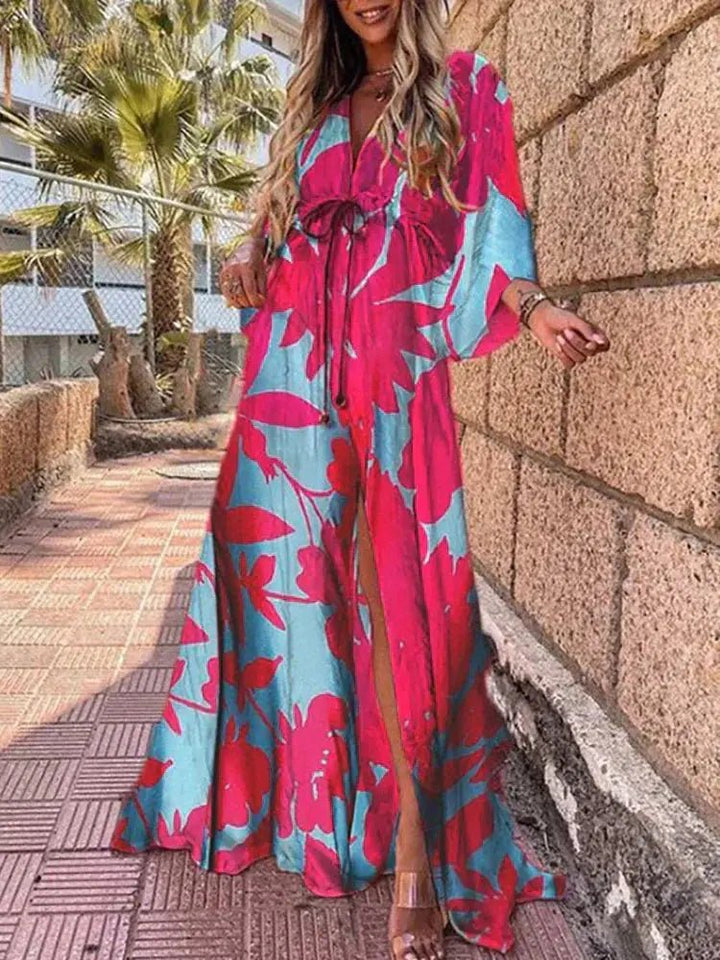 Sarah │ Women's Abstract Print V-Neck Kimono Sleeve Maxi Dress For Summer