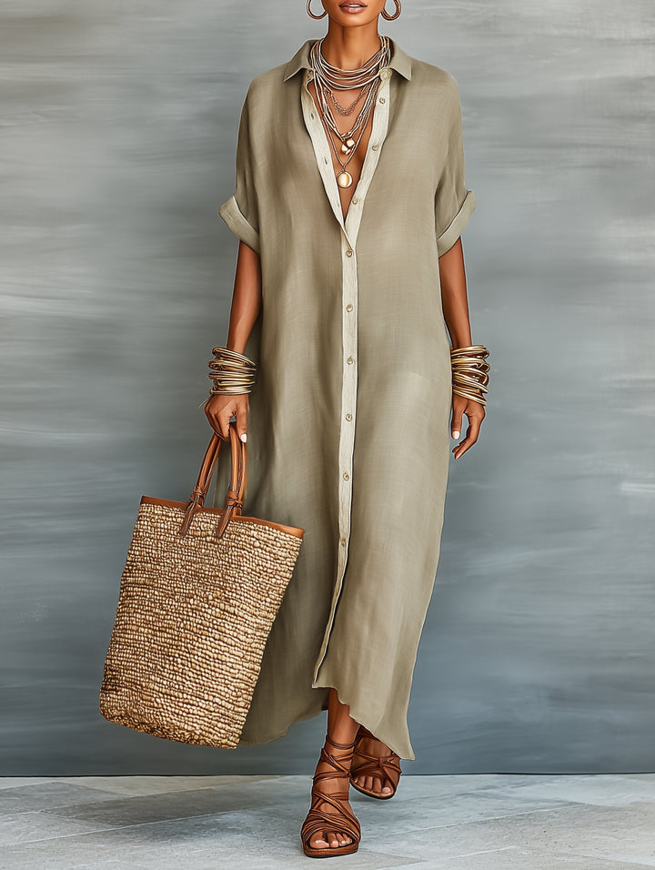 Agatha │ Women's Linen Blend Button Front Maxi Shirt Dress For Summer