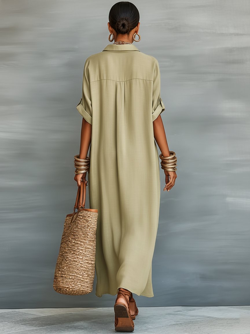 Agatha │ Women's Linen Blend Button Front Maxi Shirt Dress For Summer