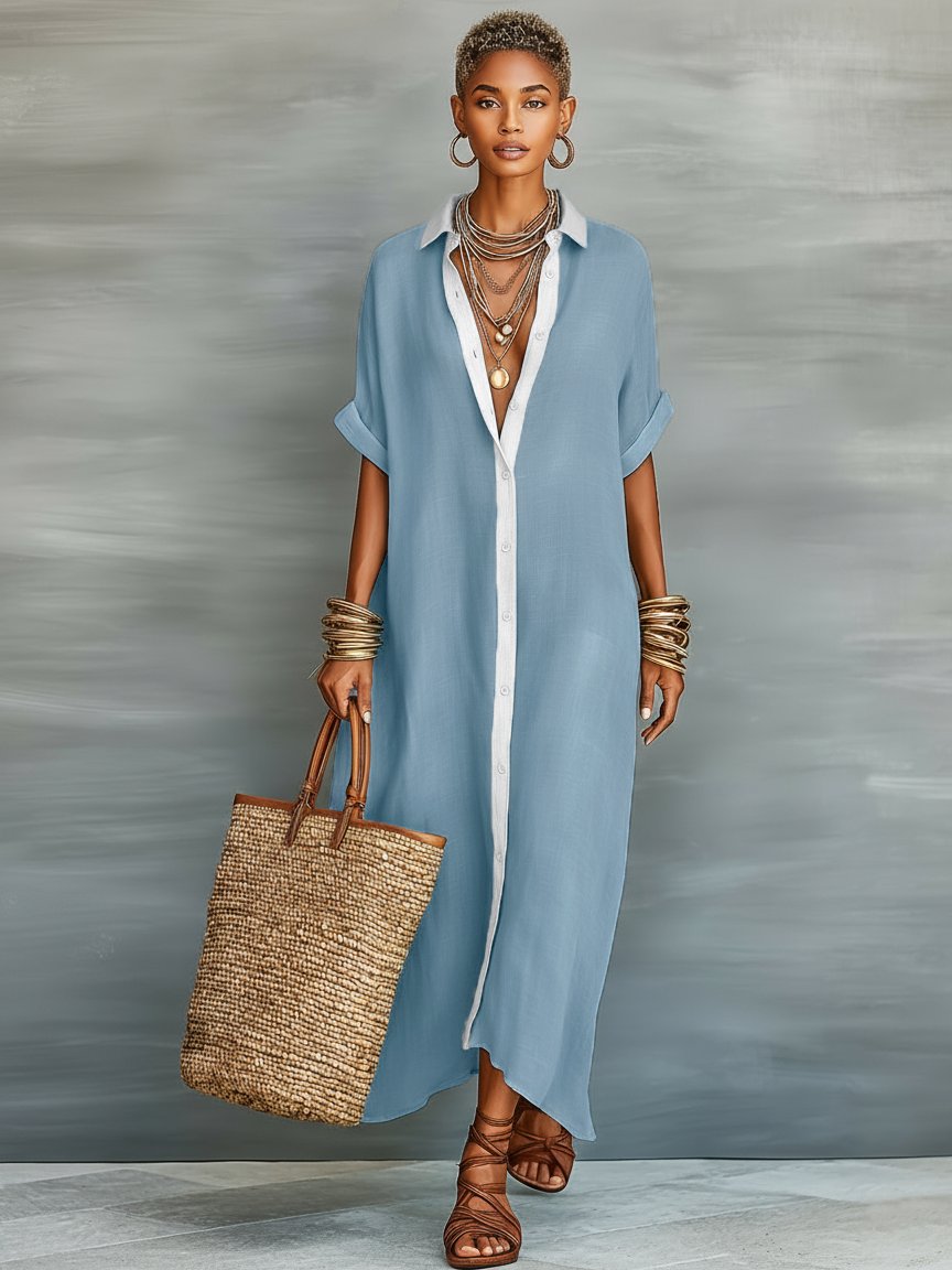 Agatha │ Women's Linen Blend Button Front Maxi Shirt Dress For Summer
