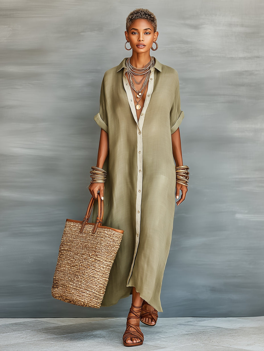 Agatha │ Women's Linen Blend Button Front Maxi Shirt Dress For Summer