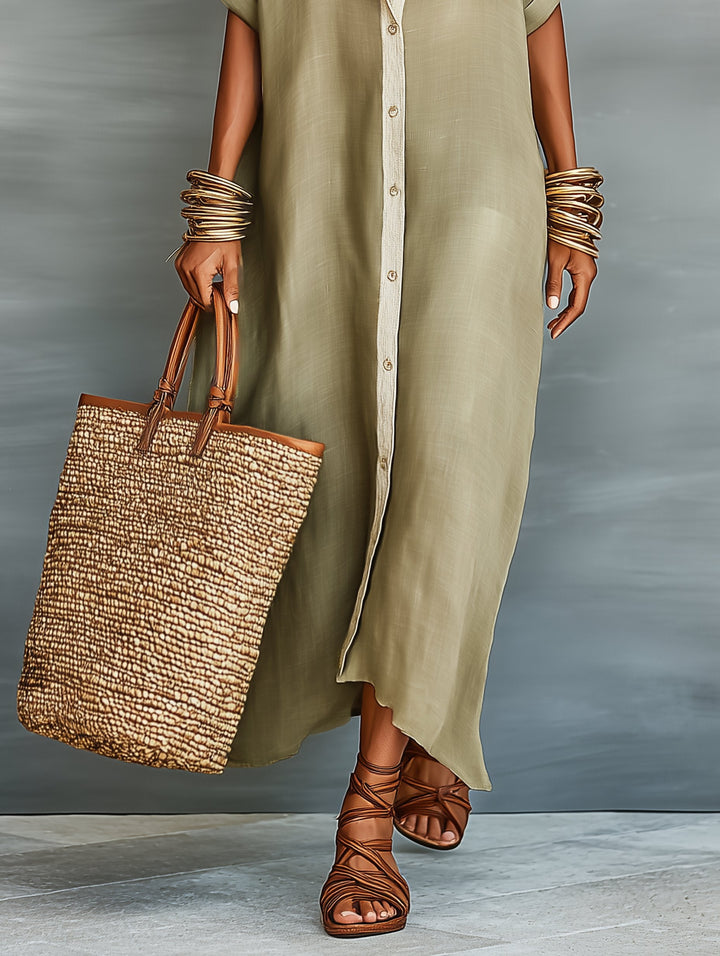 Agatha │ Women's Linen Blend Button Front Maxi Shirt Dress For Summer