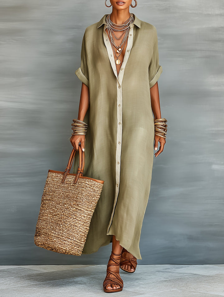 Agatha │ Women's Linen Blend Button Front Maxi Shirt Dress For Summer