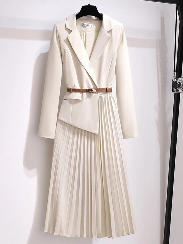 Mary │ Women's Blazer Style Long Sleeve Belted Pleated Midi Dress