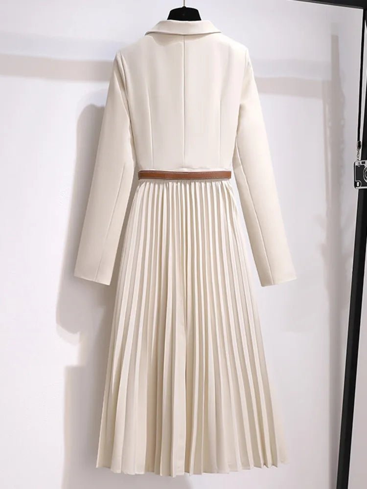 Mary │ Women's Blazer Style Long Sleeve Belted Pleated Midi Dress