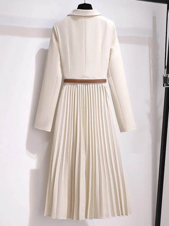 Mary │ Women's Blazer Style Long Sleeve Belted Pleated Midi Dress