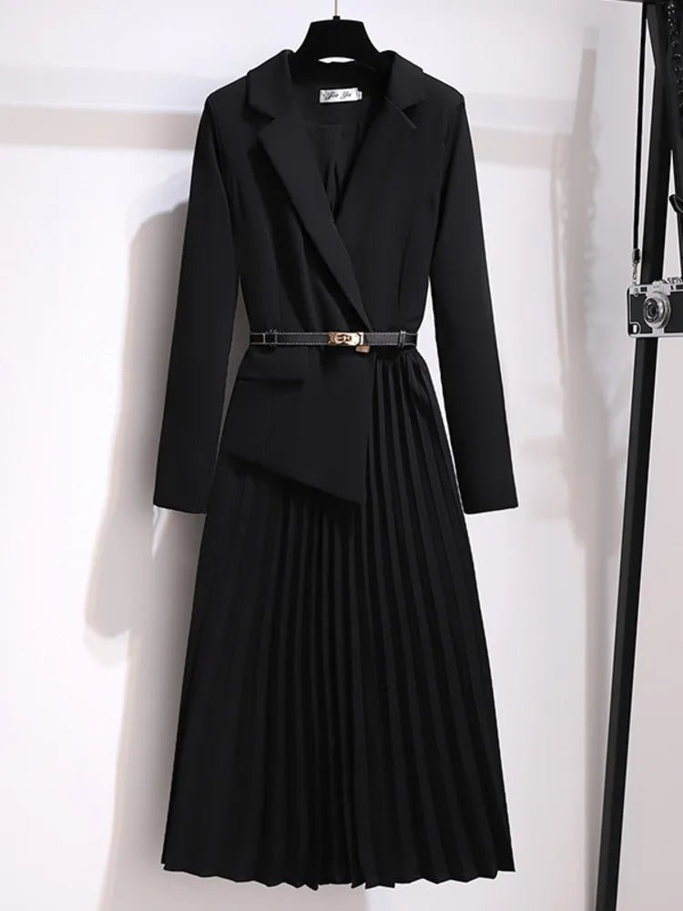 Mary │ Women's Blazer Style Long Sleeve Belted Pleated Midi Dress