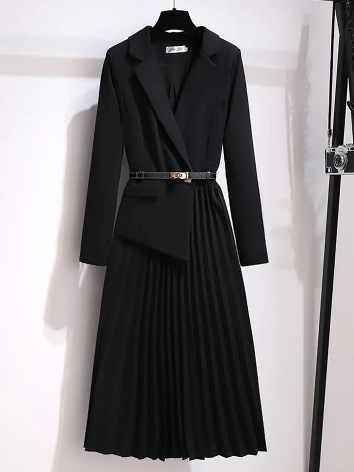 Mary │ Women's Blazer Style Long Sleeve Belted Pleated Midi Dress