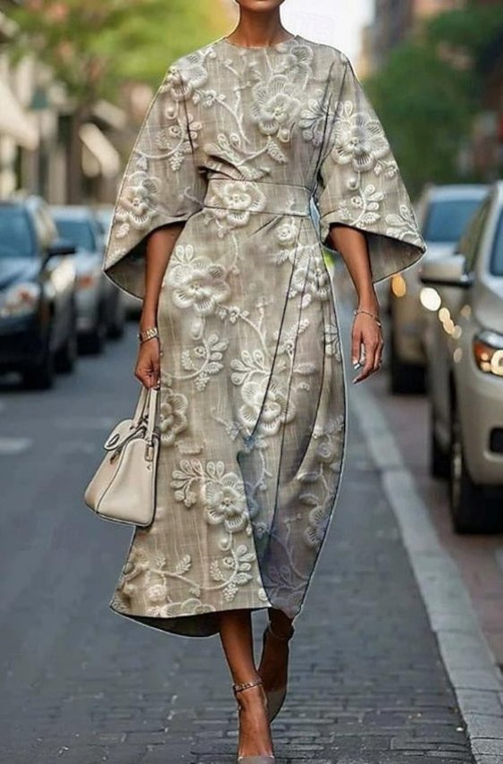 Araminta │ Women's Floral Embroidered Kimono Sleeve Midi Dress With Belted Waist