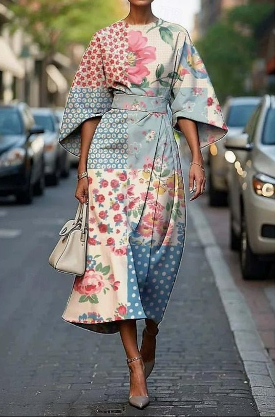Araminta │ Women's Floral Embroidered Kimono Sleeve Midi Dress With Belted Waist