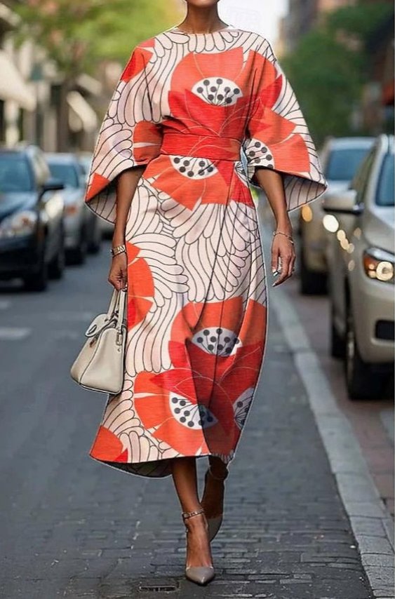 Araminta │ Women's Floral Embroidered Kimono Sleeve Midi Dress With Belted Waist
