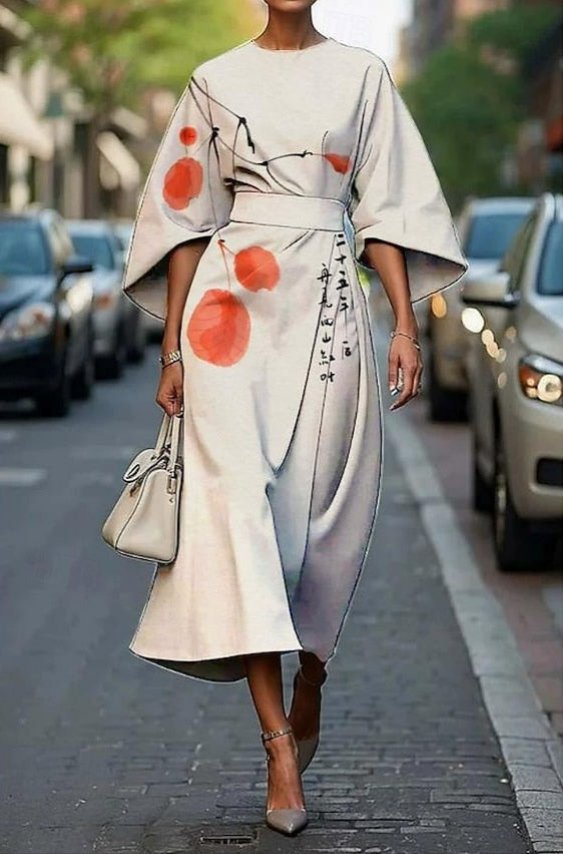 Araminta │ Women's Floral Embroidered Kimono Sleeve Midi Dress With Belted Waist