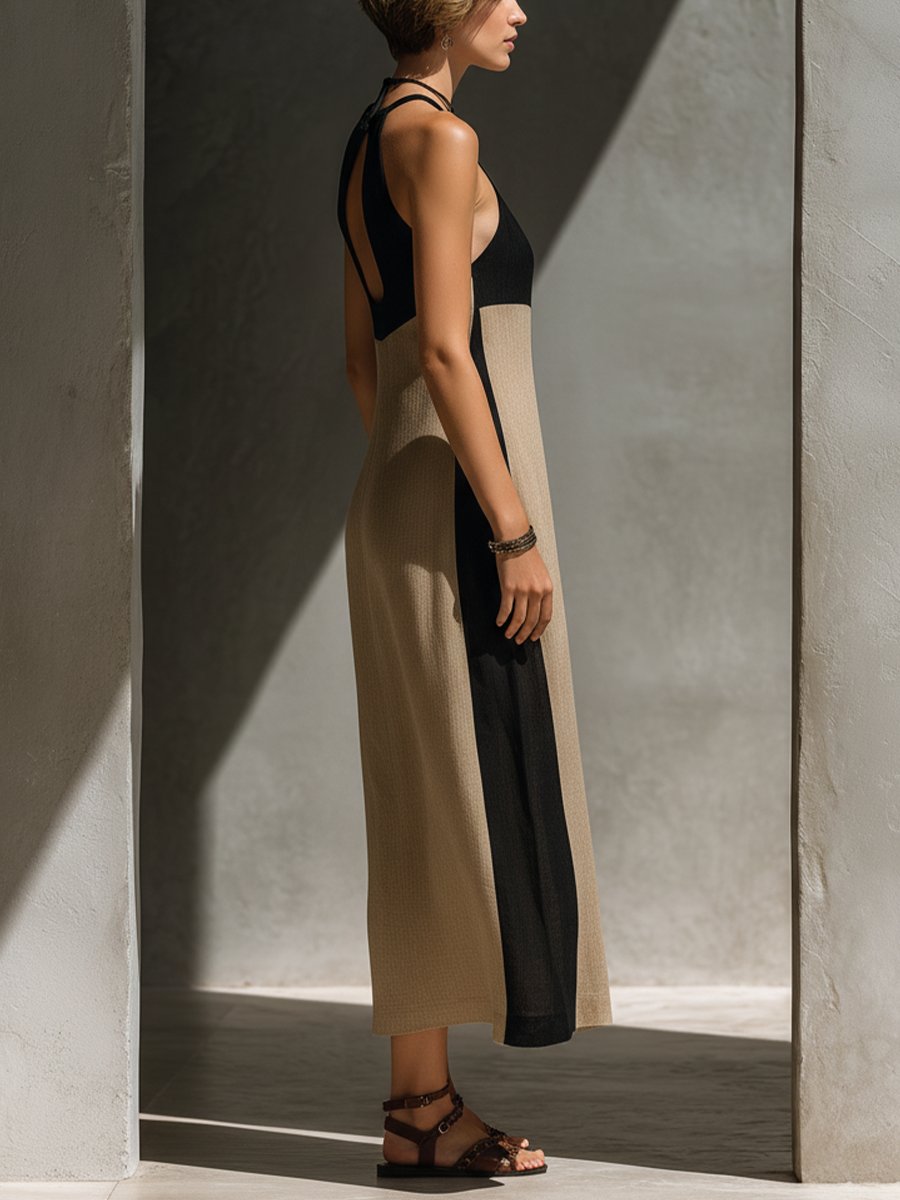 Lucy │ Women's Halter Neck Keyhole Cutout Colourblock Maxi Dress