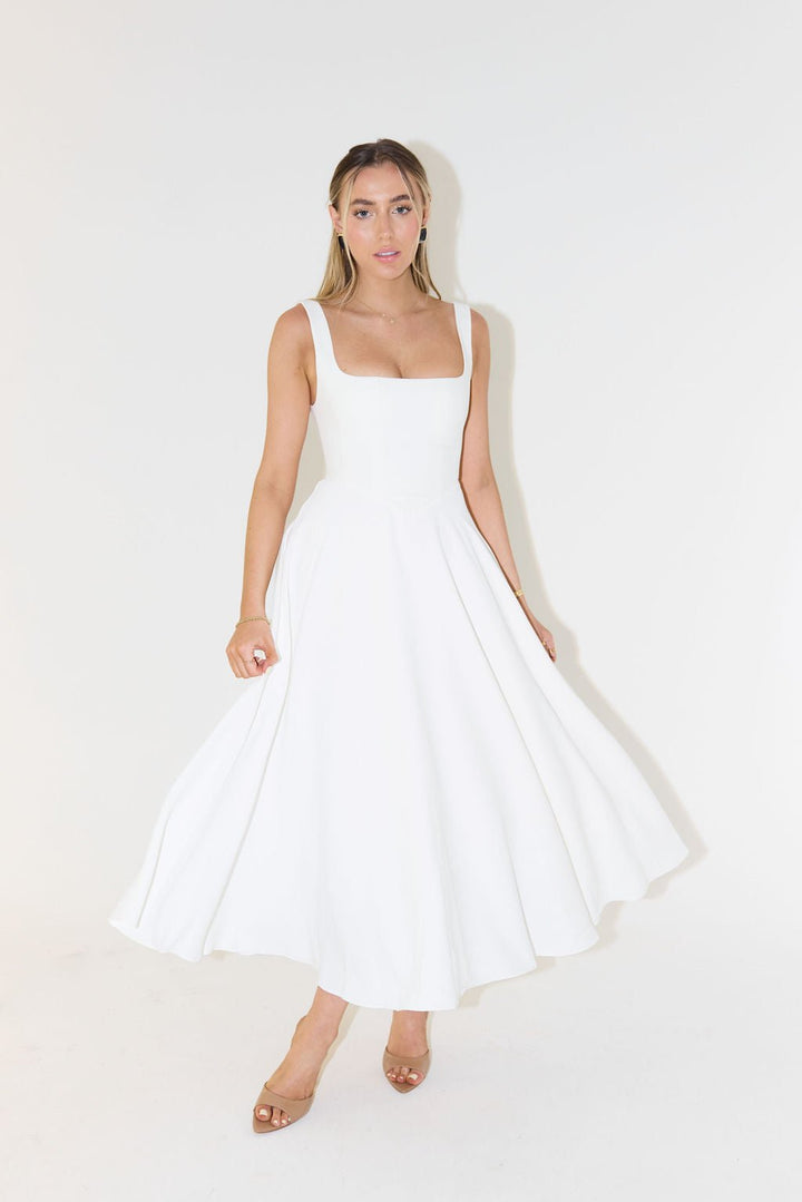 Cecily │ Women's Square Neck Sleeveless Pleated A-Line Midi Dress