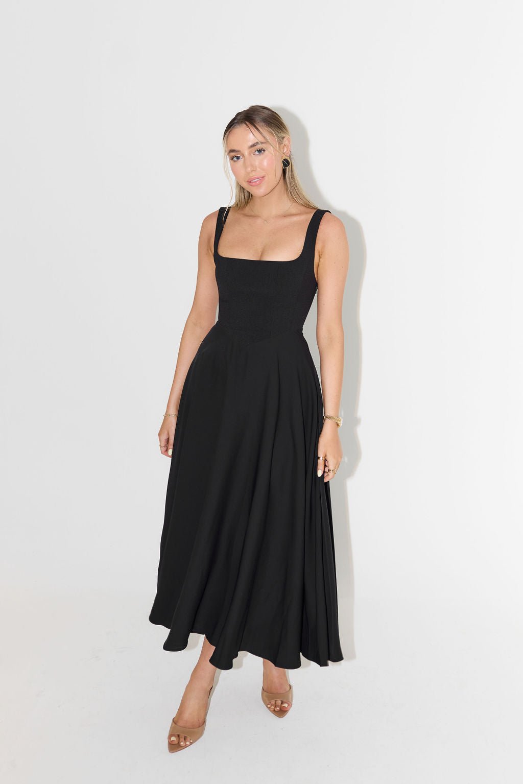 Cecily │ Women's Square Neck Sleeveless Pleated A-Line Midi Dress