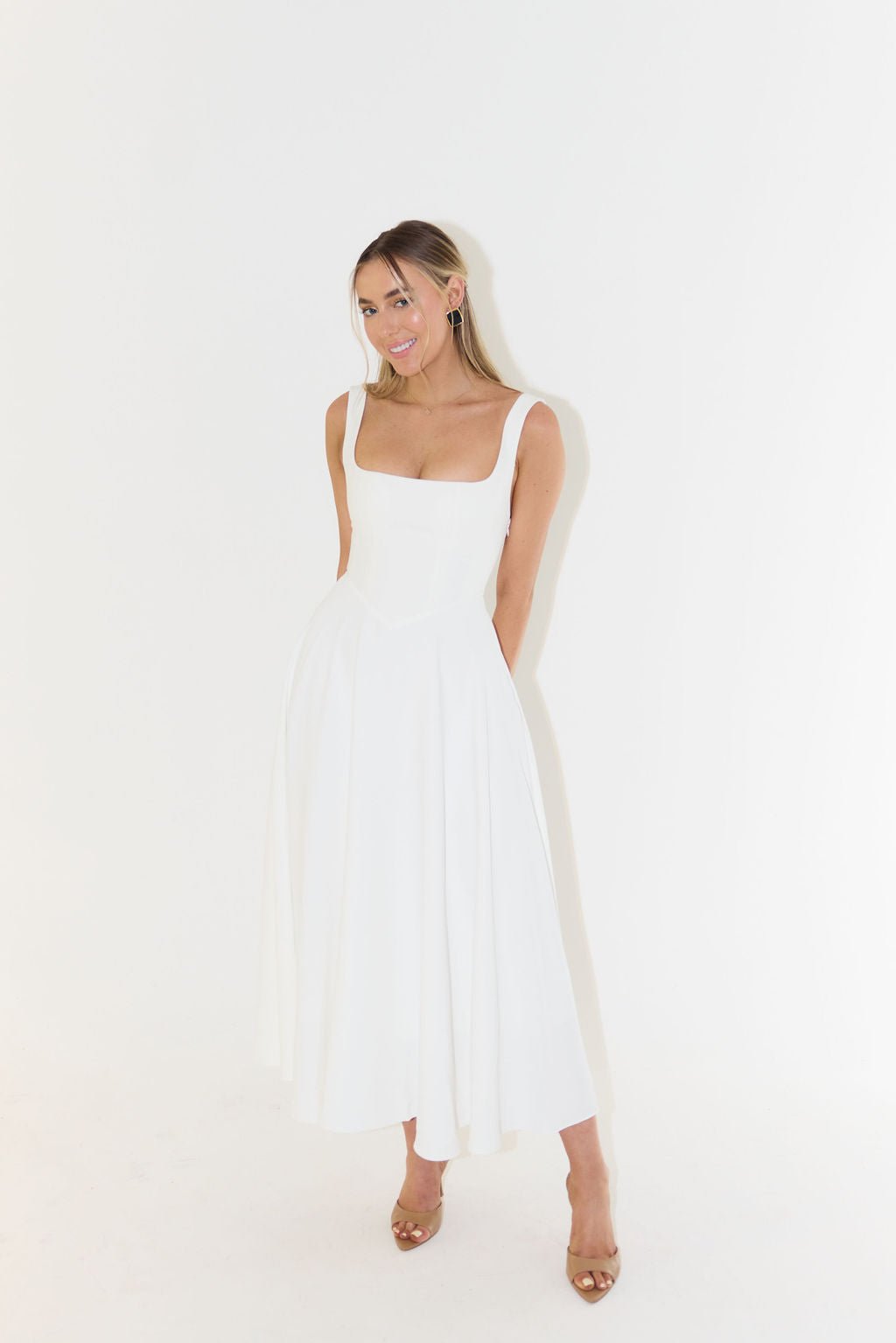Cecily │ Women's Square Neck Sleeveless Pleated A-Line Midi Dress
