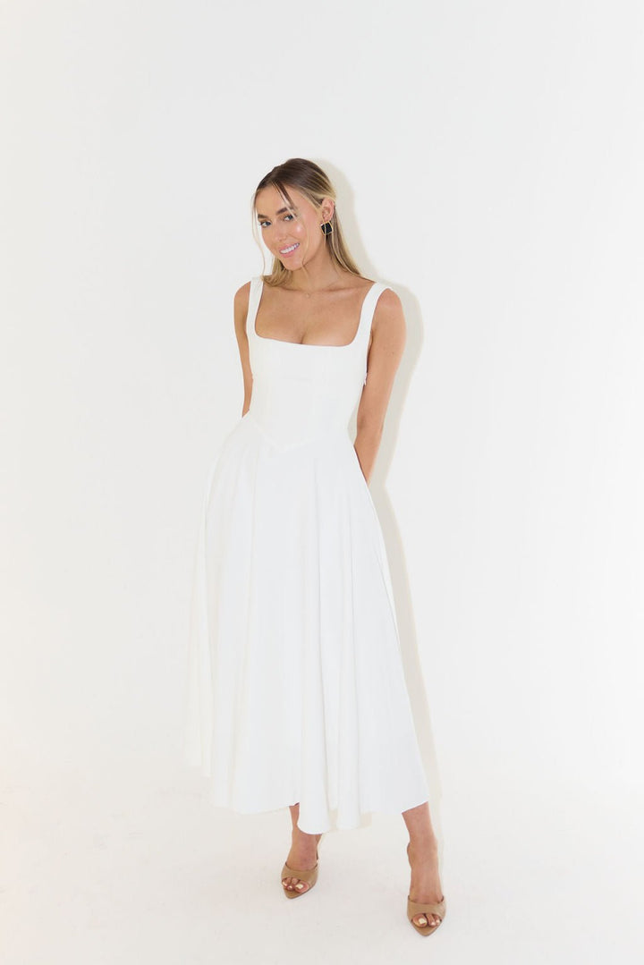 Cecily │ Women's Square Neck Sleeveless Pleated A-Line Midi Dress