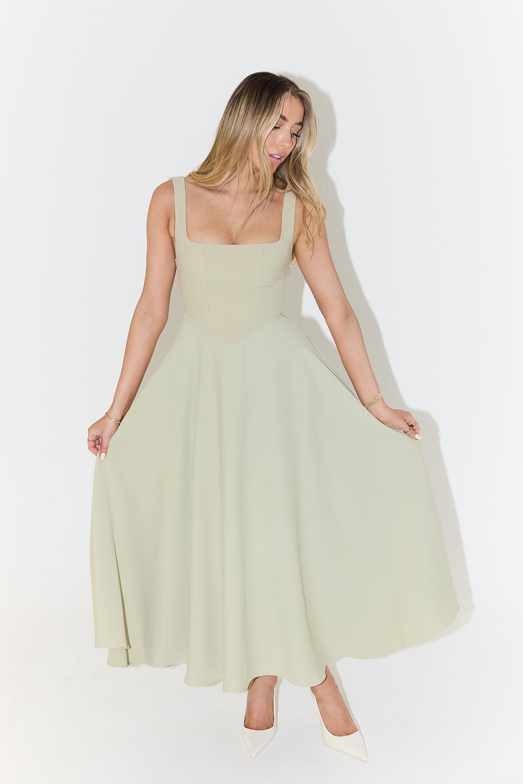 Cecily │ Women's Square Neck Sleeveless Pleated A-Line Midi Dress