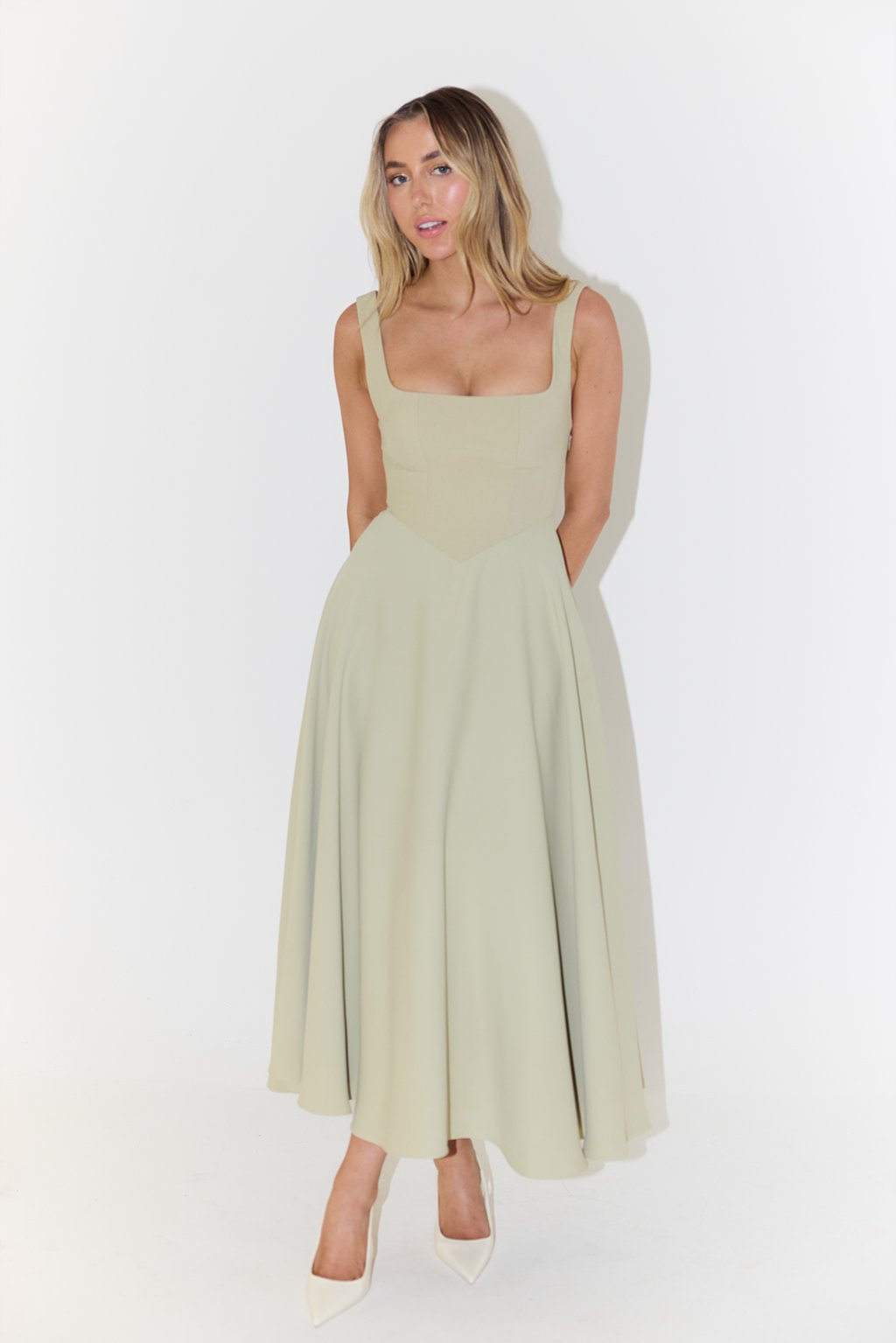Cecily │ Women's Square Neck Sleeveless Pleated A-Line Midi Dress