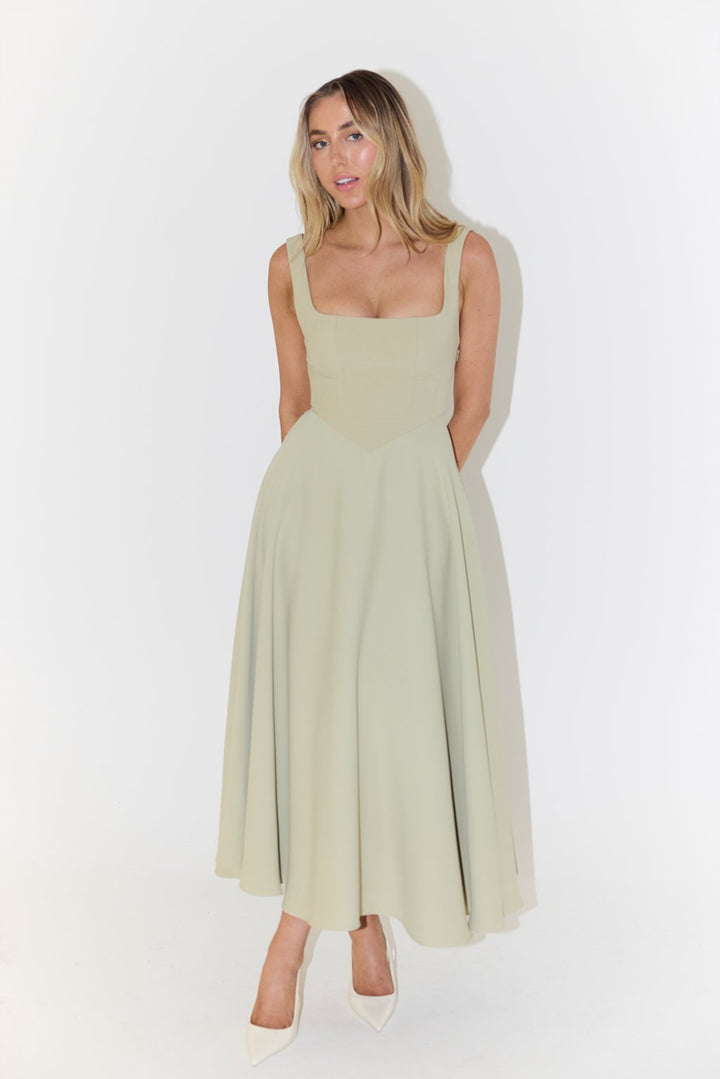 Cecily │ Women's Square Neck Sleeveless Pleated A-Line Midi Dress