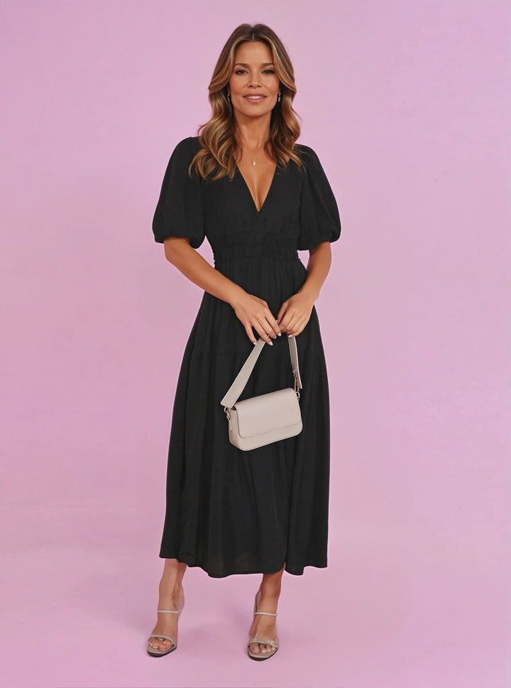 Katherine │ Women's Puff Sleeve V-Neck Smocked Waist Midi Dress