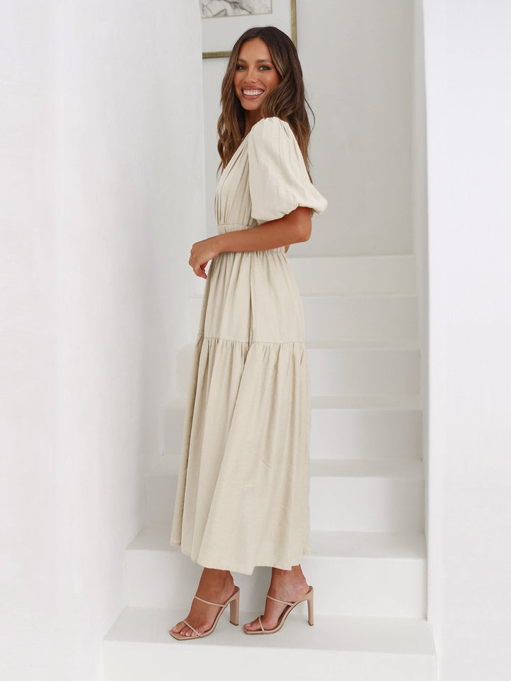 Katherine │ Women's Puff Sleeve V-Neck Smocked Waist Midi Dress