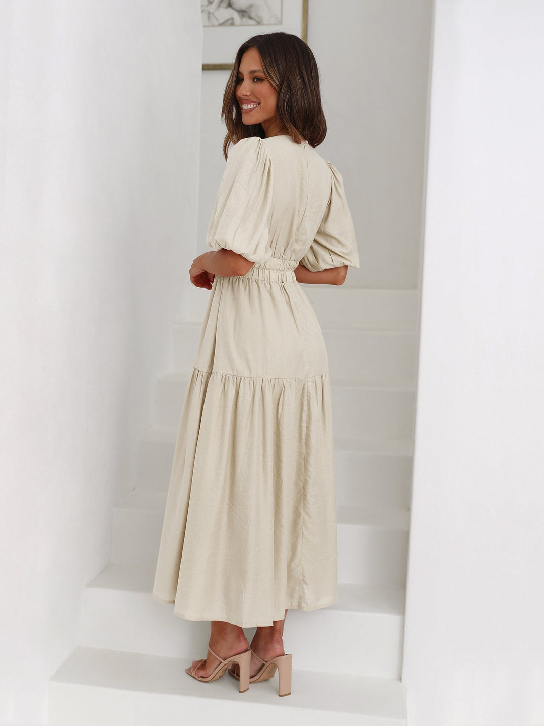 Katherine │ Women's Puff Sleeve V-Neck Smocked Waist Midi Dress