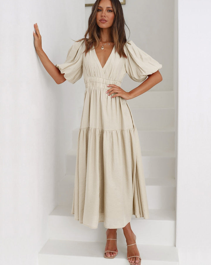 Katherine │ Women's Puff Sleeve V-Neck Smocked Waist Midi Dress