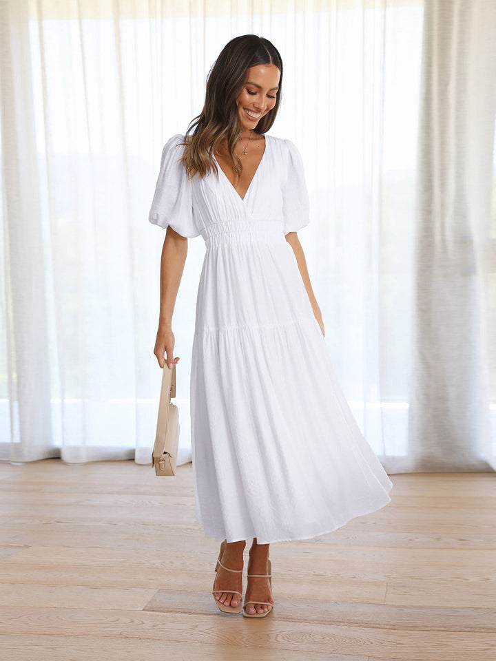 Katherine │ Women's Puff Sleeve V-Neck Smocked Waist Midi Dress