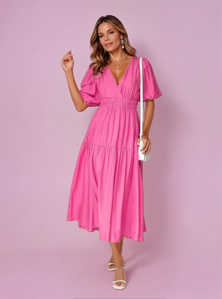 Katherine │ Women's Puff Sleeve V-Neck Smocked Waist Midi Dress