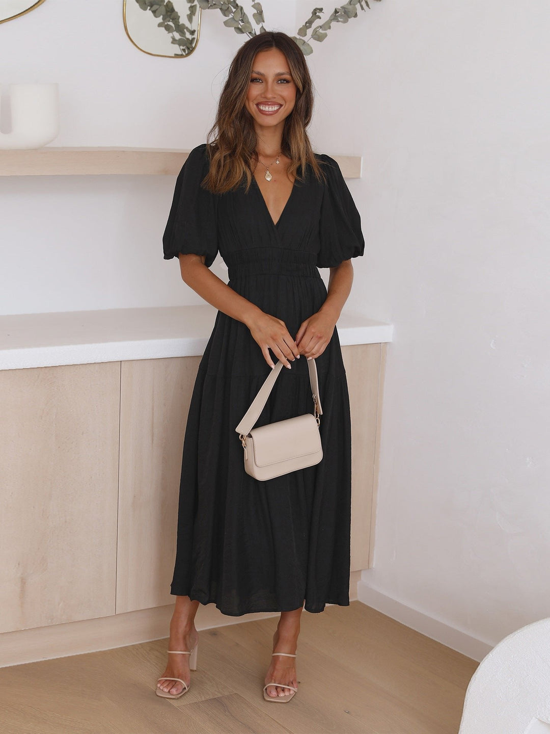 Katherine │ Women's Puff Sleeve V-Neck Smocked Waist Midi Dress