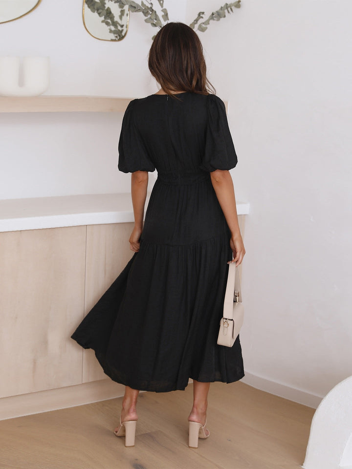 Katherine │ Women's Puff Sleeve V-Neck Smocked Waist Midi Dress