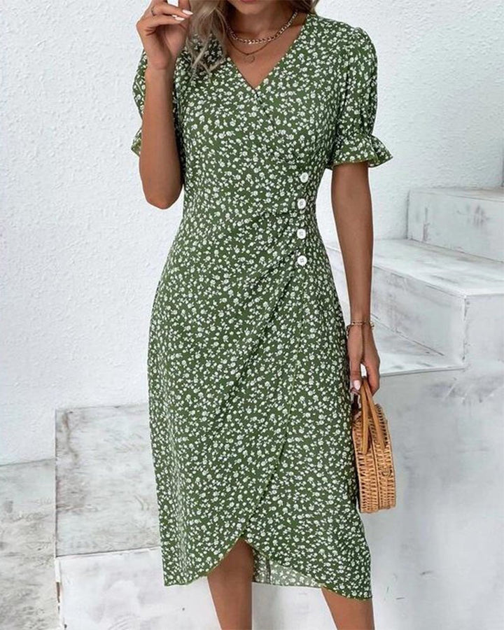 Agnes │ Women's Floral V-Neck Short Sleeve Button Detail Midi Dress