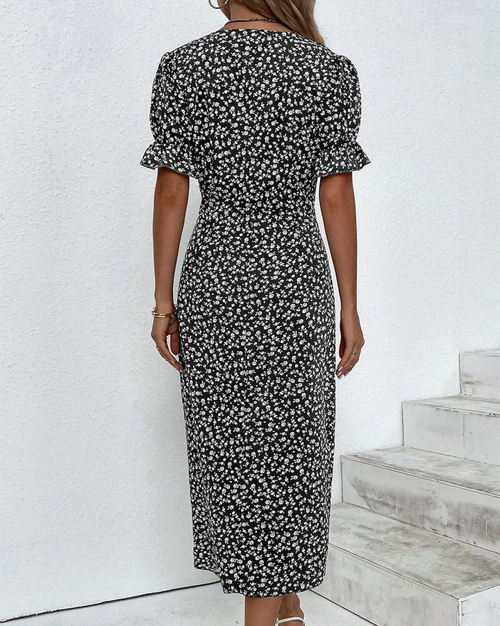 Agnes │ Women's Floral V-Neck Short Sleeve Button Detail Midi Dress