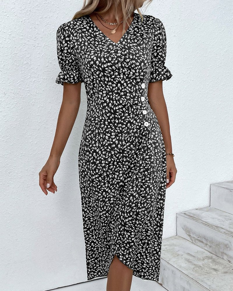 Agnes │ Women's Floral V-Neck Short Sleeve Button Detail Midi Dress